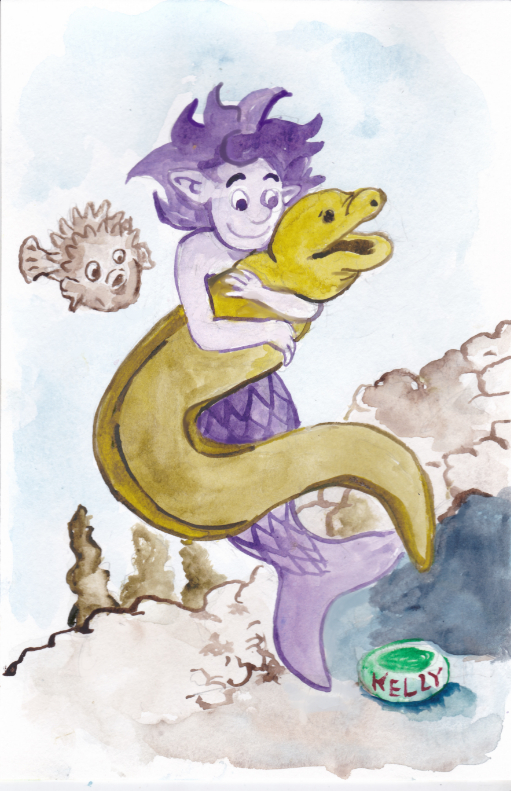 mermay 2020 mermaid child pet hug moray eel cave watercolor puffer fish, porcupine fish