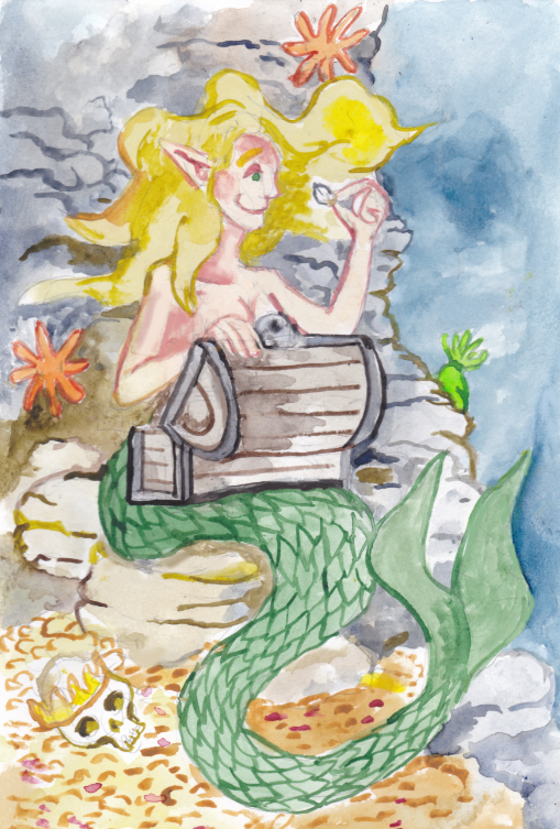 Mermay 2022 mermaid treasure chest diamond hoard cave illustration watercolor