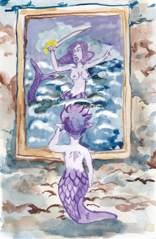 Mermaid child mermay 2022 painting warrior watercolor cave hero worship illustration