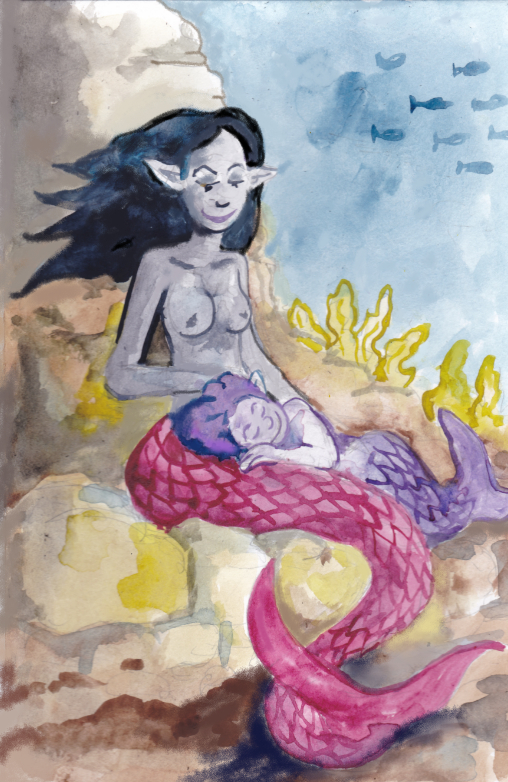 mermay 2022 mermaids mermaid sisters relaxed rocks ocean illustration watercolor