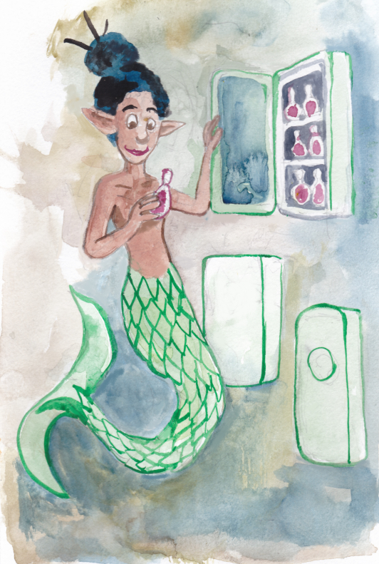 Mermay 2022 mermaid potions bottles cupboard watercolor illustration