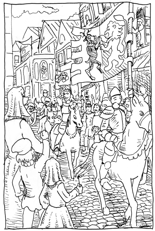 asoiaf a song of ice and fire illustration king's landing procession knights horses crowds street wheelhouse Joffrey Baratheon Margaery Tyrell pen and ink