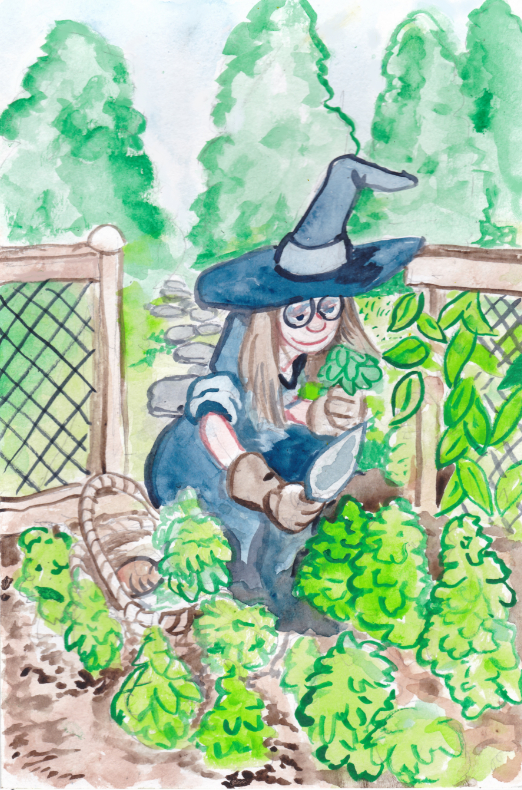 witch watercolor garden gardening halloween illustration