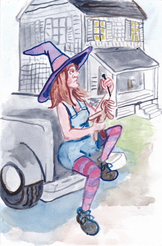 witch watercolor voodoo doll pickup truck pins overalls