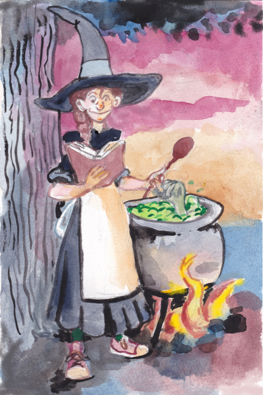 witch halloween tree sunset cauldron spoon cookbook fire watercolor illustration