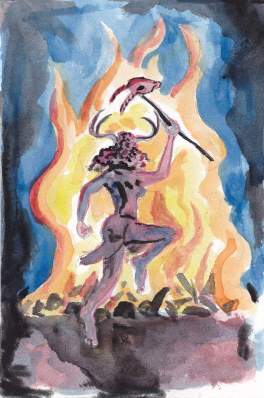 bonfire witch dance shaman night watercolor halloween antlers staff dancing illustration