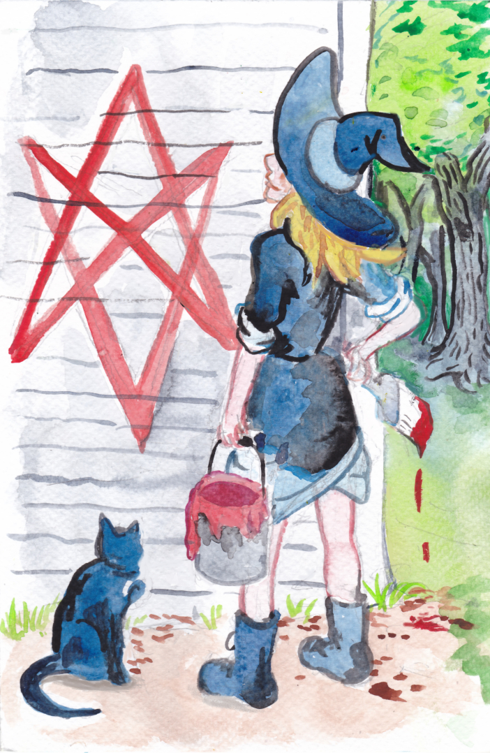 witch witches hex barn forest black cat paint spell watercolor illustration witchtober sketch challenge halloween