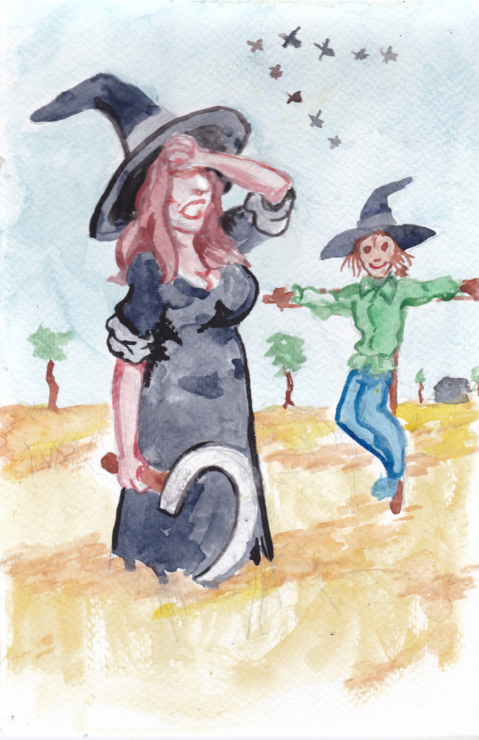 witch scarecrow harvest field sickle work autumn migration illustration sketch challenge watercolor halloween