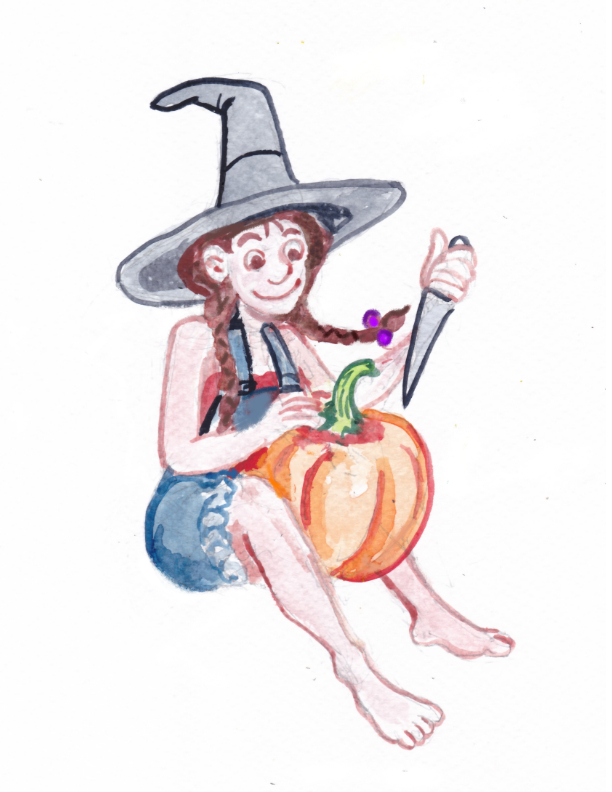 pinup witch knife pumpkin jack-o-lantern pigtails braids watercolor illustration carving