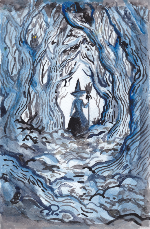 witch haunted forest night monochrome trees owl watercolor illustration