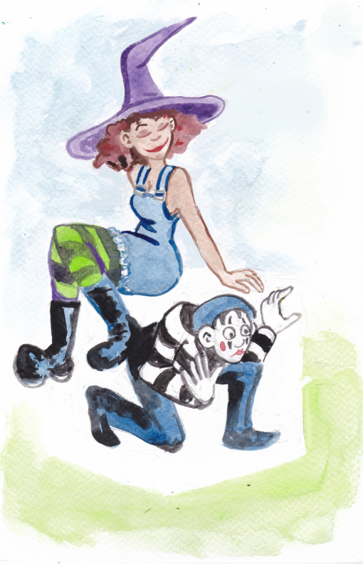 halloween witch mime pantomime box pinup prank prisoner illustration overalls striped stockings watercolor