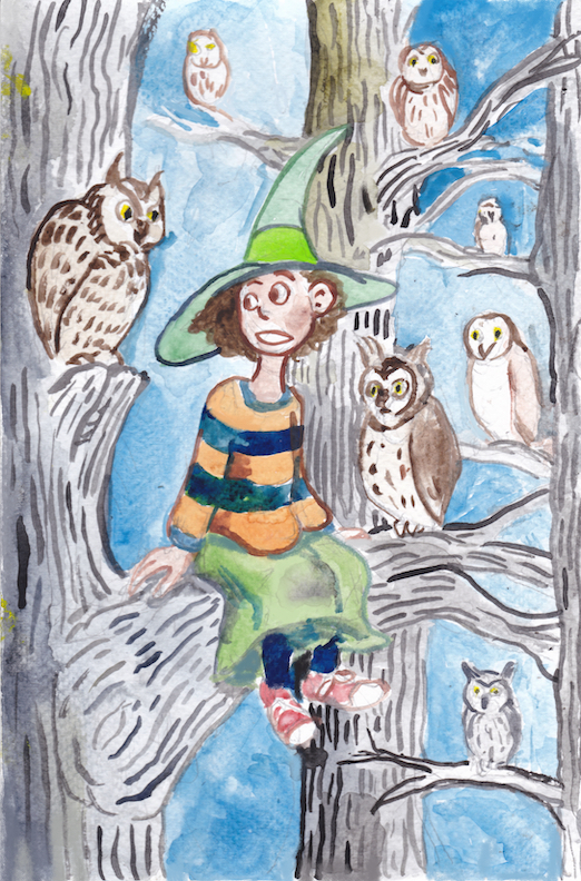 halloween witch tree owl owls birds night watercolor illustration