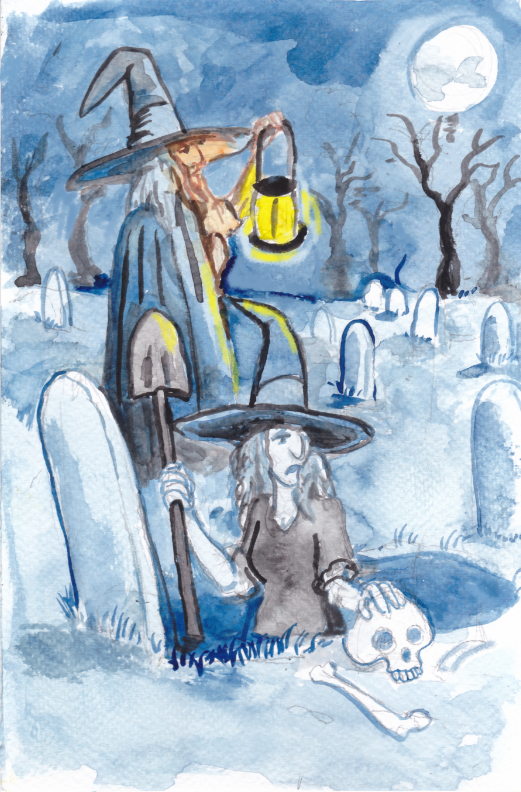 witch halloween graveyard grave robbery night gravestones watercolor illustration witches skull shovel