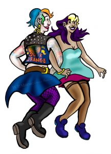 Two Punk Girls dance together dancing women tattoos