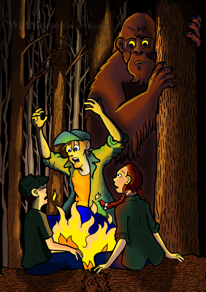 Wpmorse - Illustration - Campfire Stories, bigfoot,sasquatch,family,forest, night, children, trees
