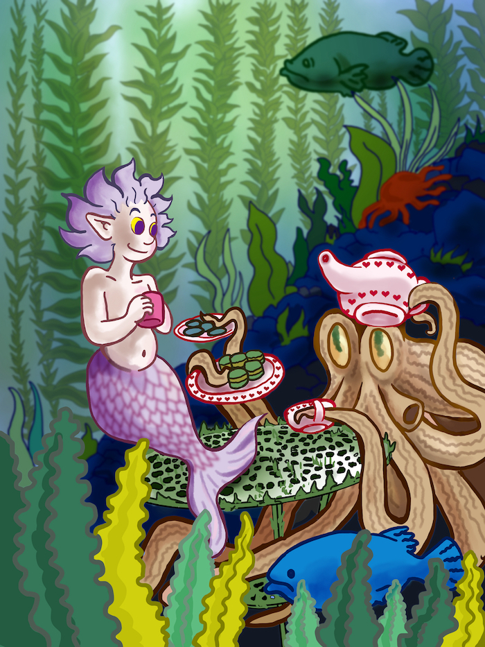 A little mermaid girl takes tea with an Octopus in his garden Child fish seaweed party kelp forrest bass table