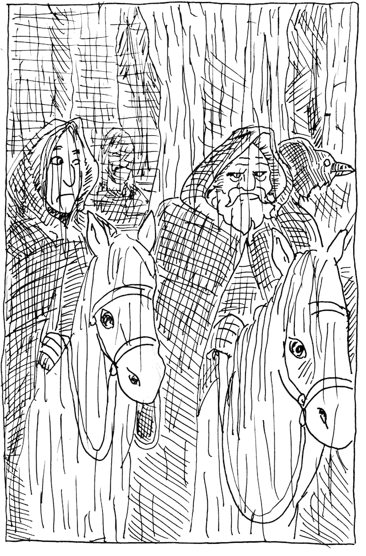 In today's A Clash of Kings Illustration, Jon Snow and Jeor Mormont travel through the haunted forest in the rain. a song of ice and fire asoiaf the nights watch rain drowned forest wpmorse