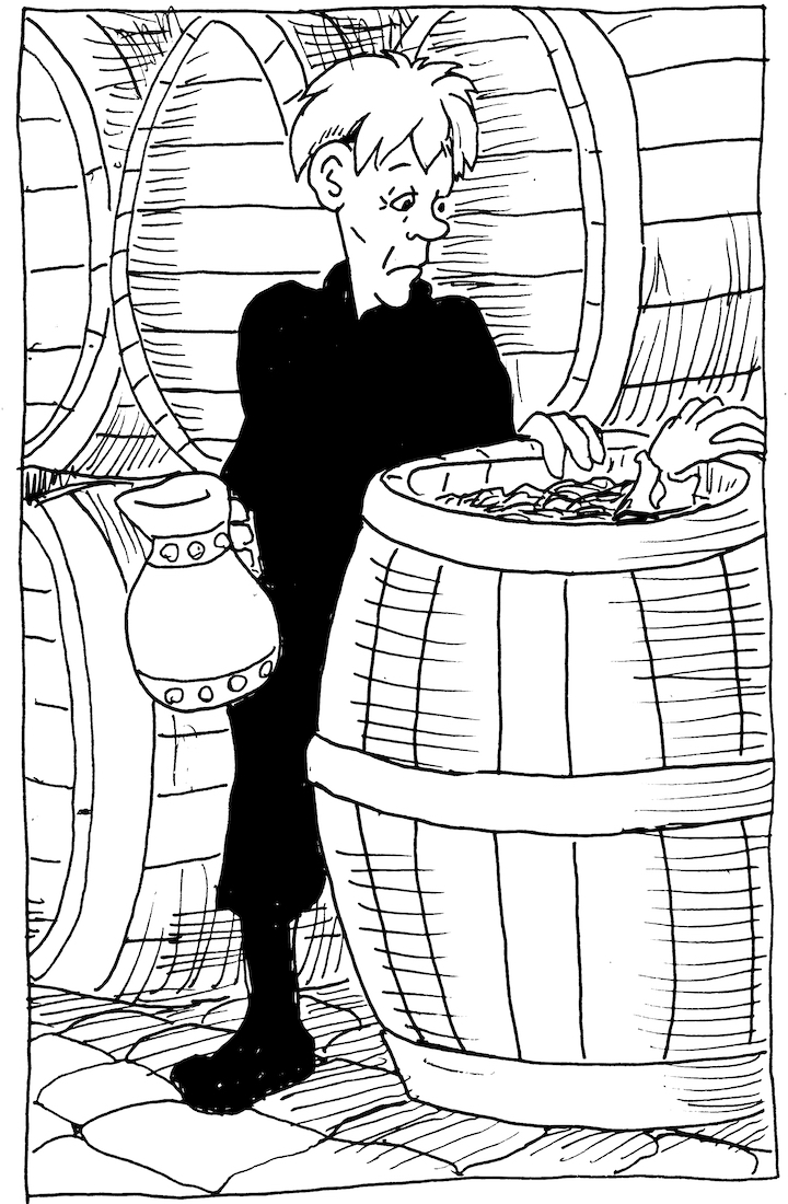 in todays A Clash of Kings illustration, Dolorous Ed tells a story about a brother of the watch who drowned in a barrel of wine... it was a poor vintage. asoiaf a song of ice and fire the Night's watch eddison tollett pen and ink