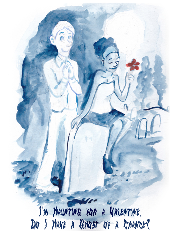 A ghost watches his sweetheart in the graveyard on the evening of Valentine's day. watercolor art romance love