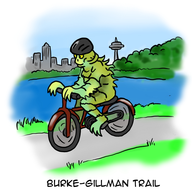 pun cartoon gillman creature of the black lagoon, bicycle,biking,seattle