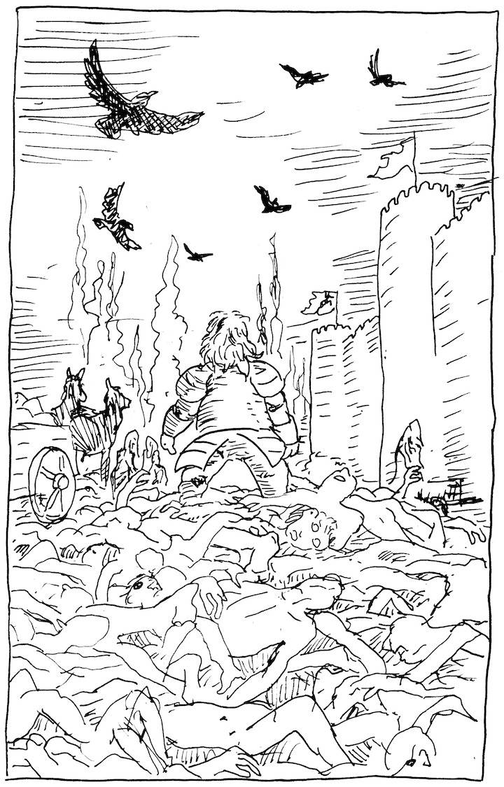 In today's A Clash of Kings illustration, Tyrion dreams of the aftermath of the battle. Asoiaf a song of ice and fire silent sisters battlefield king's landing pen and ink