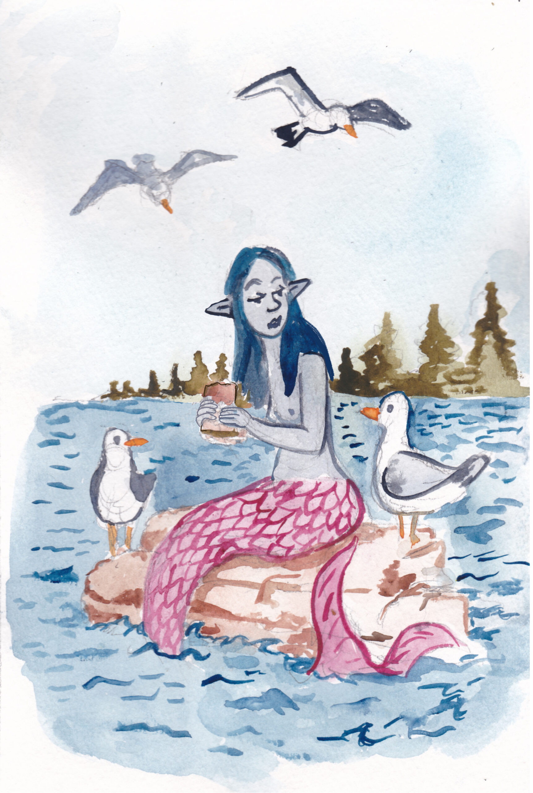 mermay 2021, mermaid, watercolor, illustration, rock, seagulls, birds, sharing, sandwich, ocean, bay, coast, girl, Doris