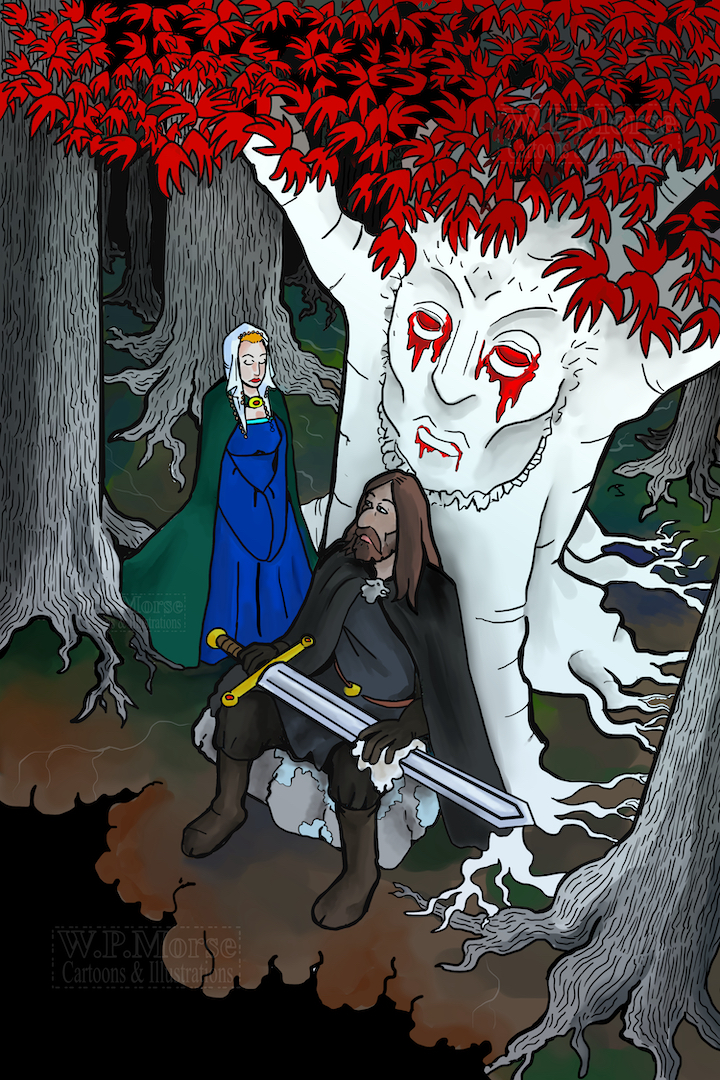 illustration, Catelyn Stark, Eddard Ned Stark, Weyrwood, godswood, ice sword forest pond pool trees winterfell a game of thrones a song of ice and fire