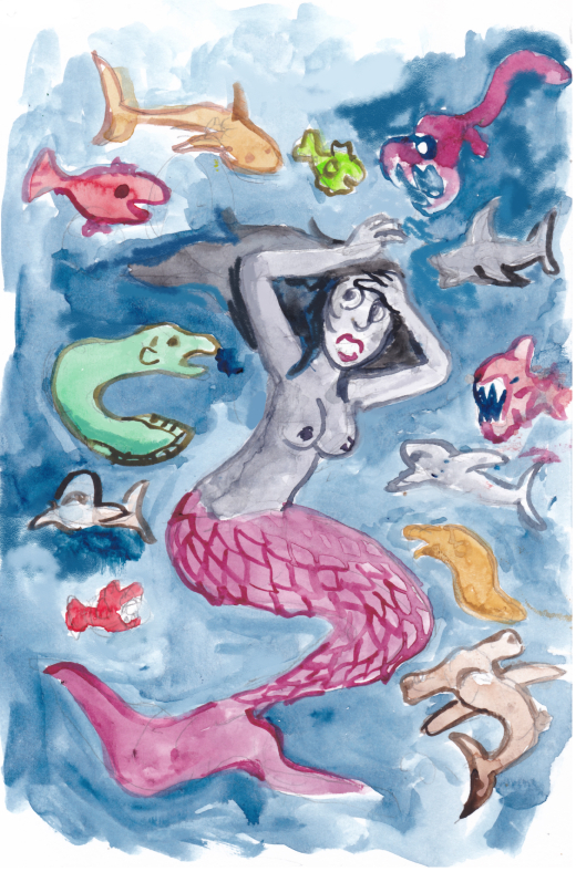 mermay mermaid ocean see fish sharks moray eels sea wildlife bad luck animals attack illustration watercolor