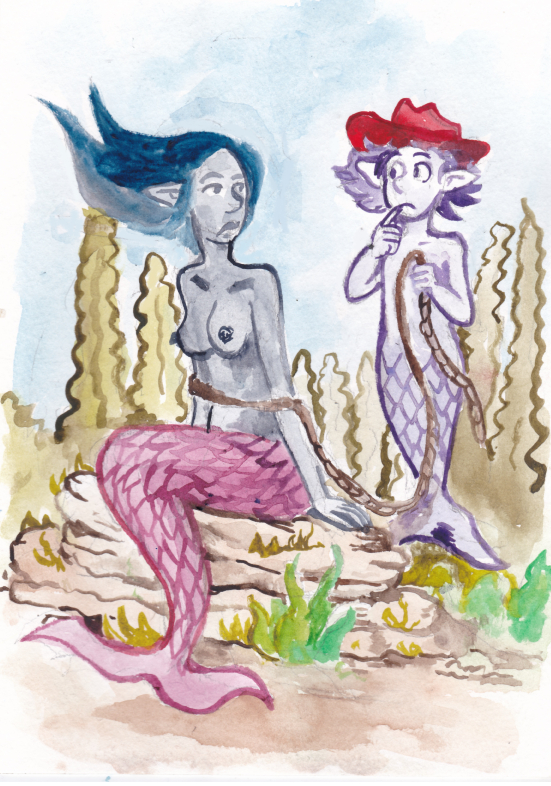 mermay, mermaids, cowgirl lassoed lasso rope seaweed ocean badluck watercolor illustration