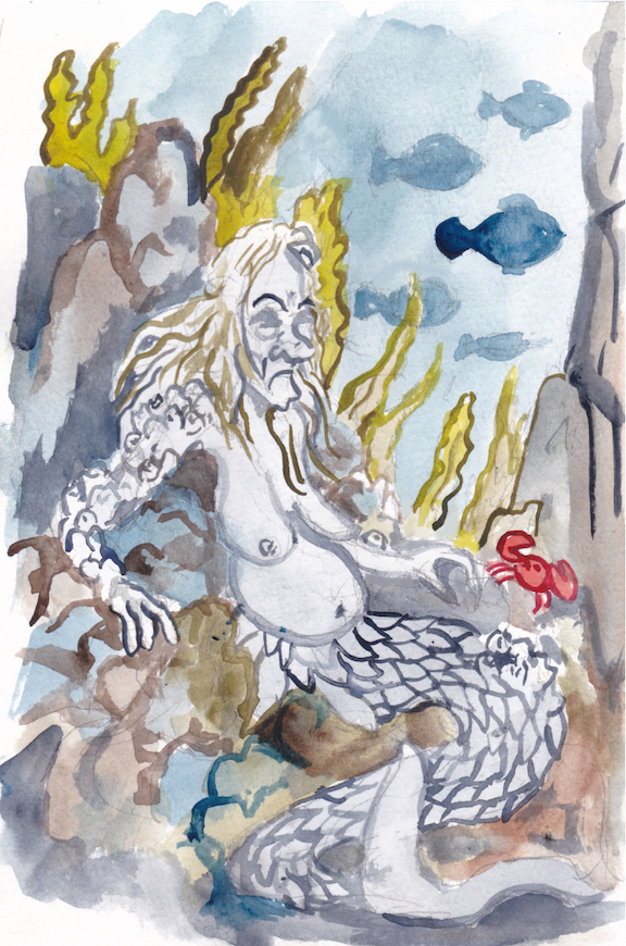 mermaid mermay old lady barnacles crone rocks stagnate ocean watercolor crab seaweed watercolor illustration