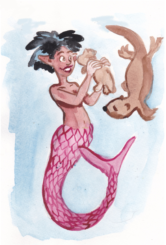 sea otter mermay mermaid cute cuddly watercolor illustration.