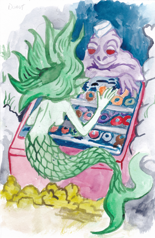 mermaid deep one watercolor illustration donuts store