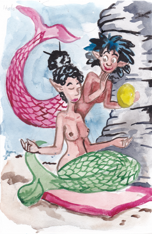 mermay mermaids sisters Jennifer Winifred meditation prank balloon watercolor illustration slapstick humor