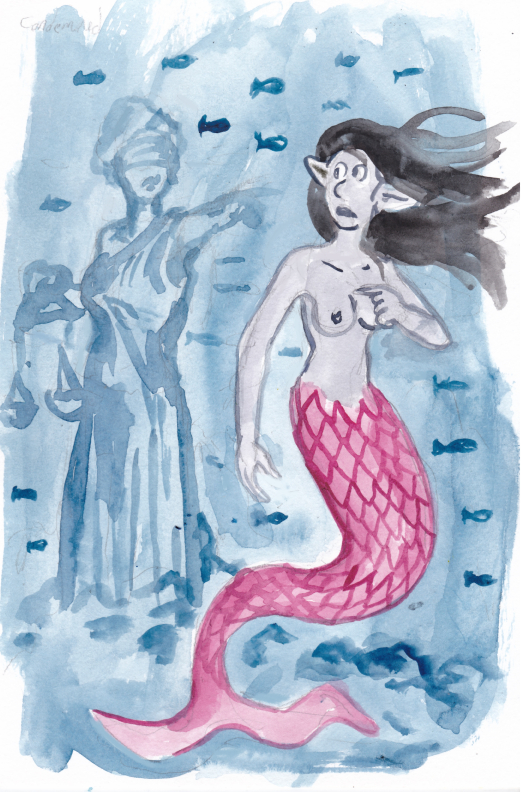 mermay mermaid Doris statue blind justice condemned guilt watercolor illustration