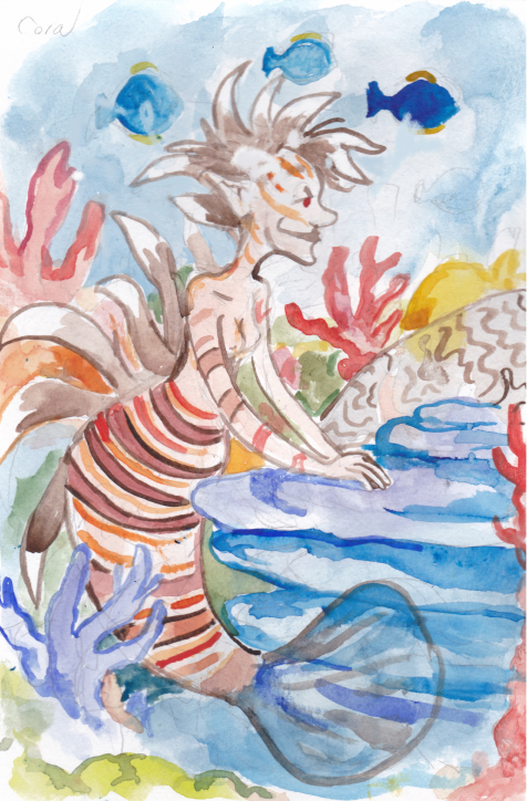 mermay mermaid watercolor coral illustration lionfish