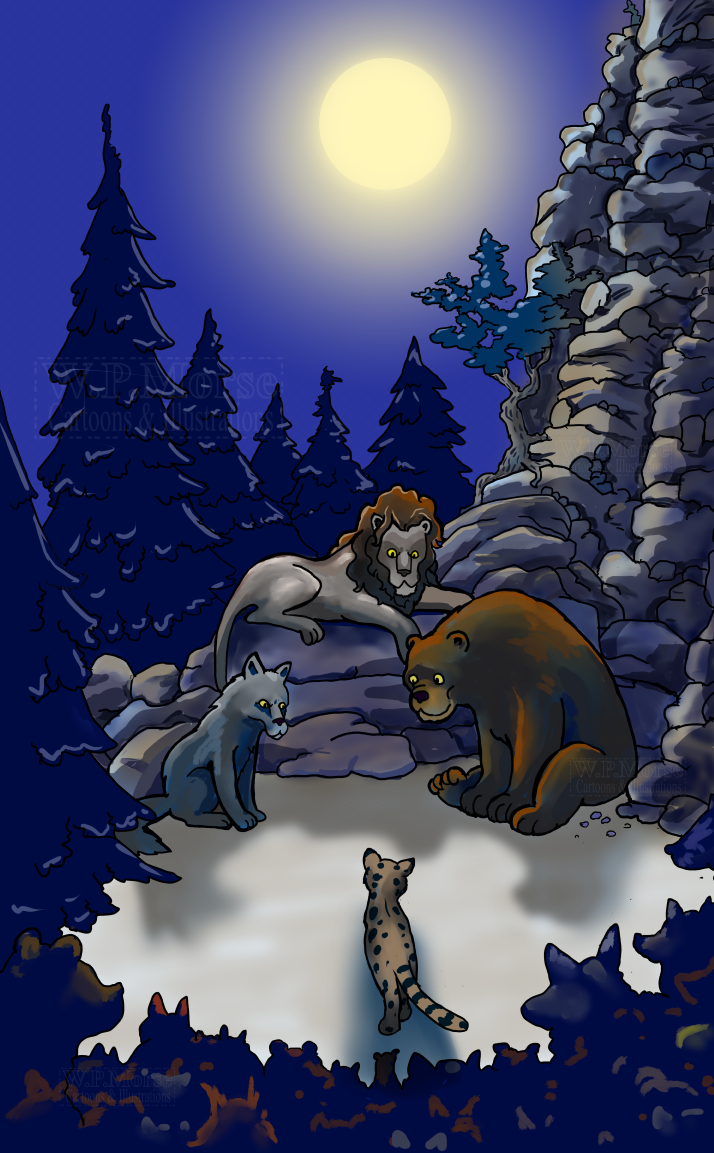 Cougar lion short faced bear dire wolf animals predators night full moon trees mountain