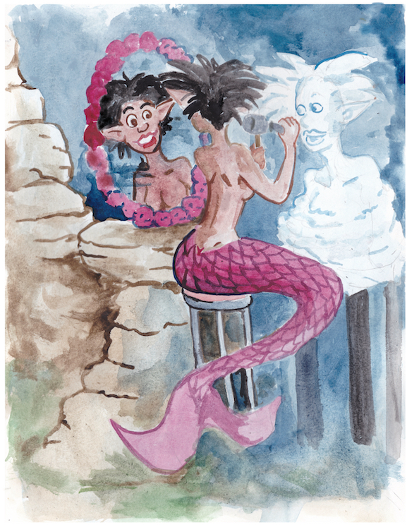 watercolor mermay mermay2023 illustration mermaid artist self portrait sculpture cave mirror reflection Jennifer