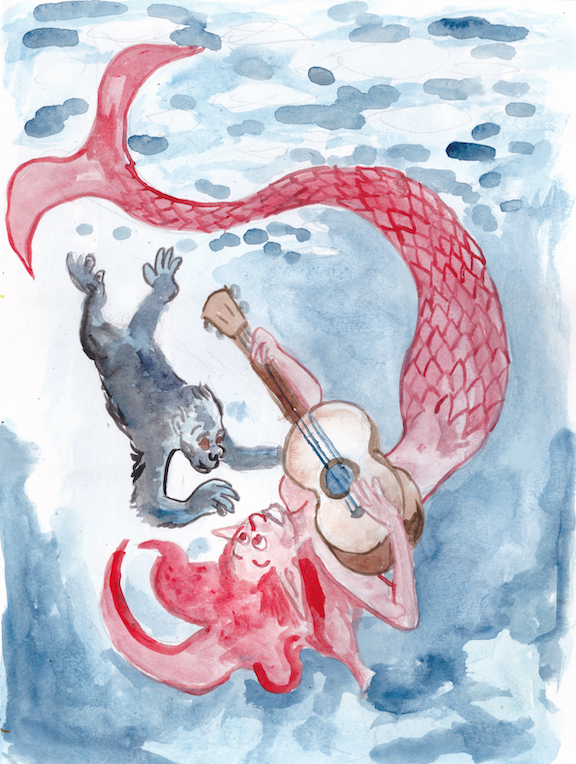 mermay 2023 mermaid gorilla guitar upside down watercolor illustration