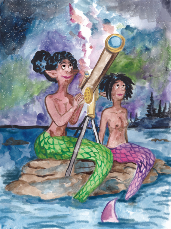 mermay 2023 mermaids watercolor stargazing telescope sisters illustration