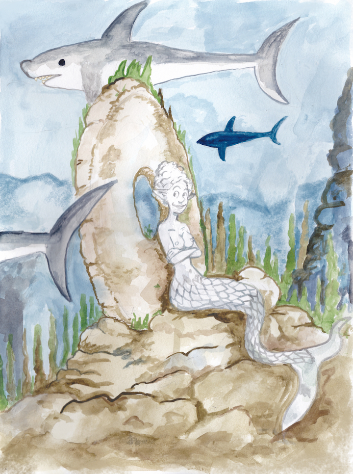 mermay2023 mermaid stone coin old money watercolor illustration sharks