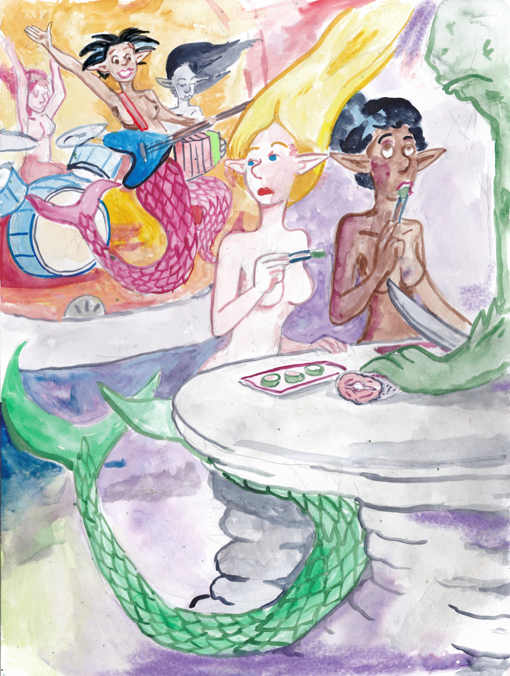Mermay mermaids music sushi restaurant rock and roll drums electric guitar accordion performance  illustration watercolor