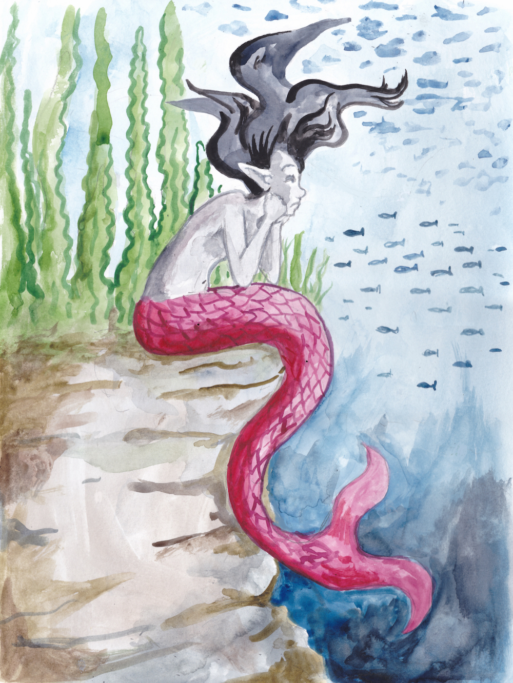 Mermay 2023 mermaid cliff depression ocean kelp watercolor abyss illustration