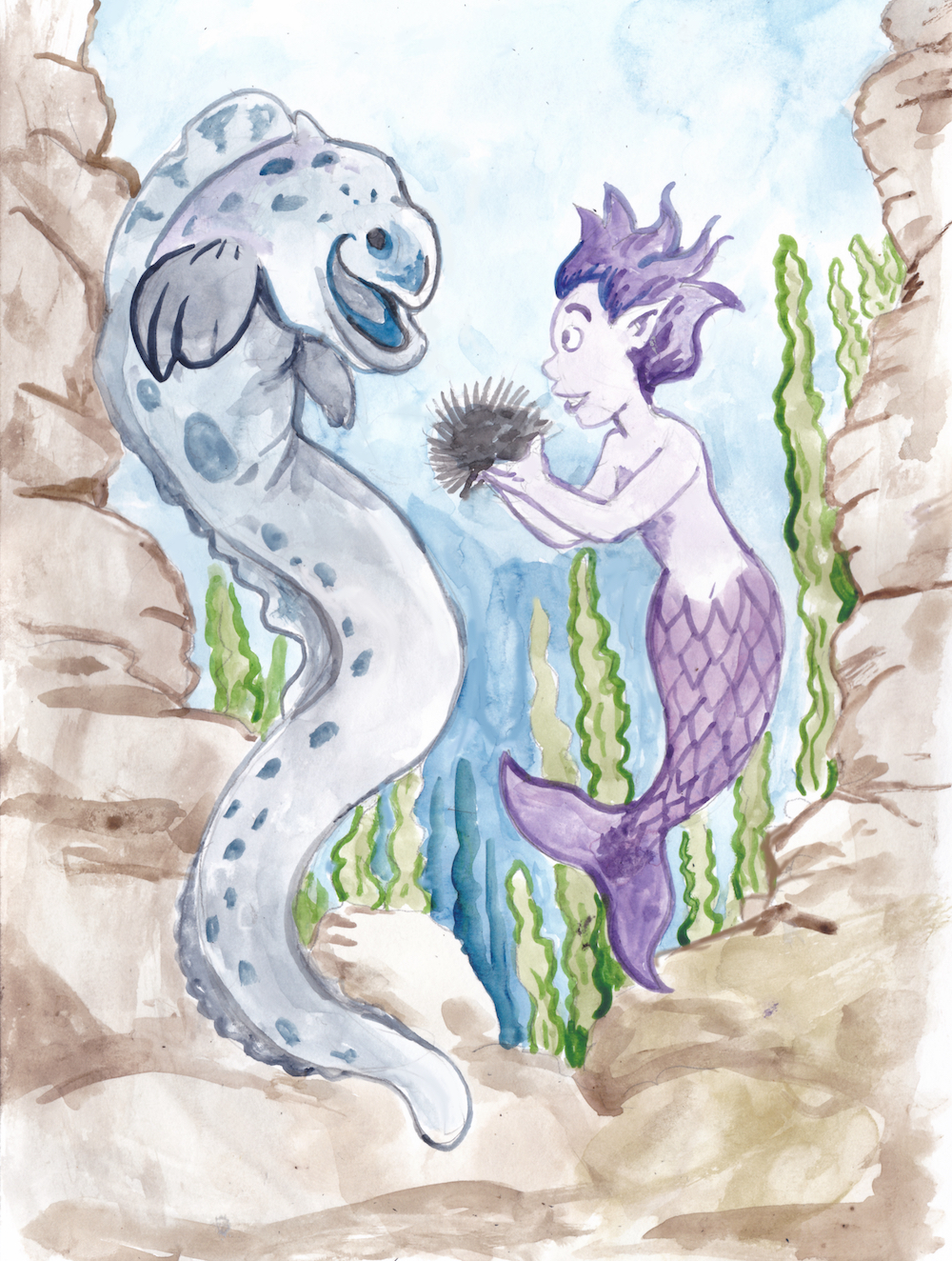 mermaid mermay 2023 pet wolf eel fish sea urchin ocean watercolor illustration pet feeding