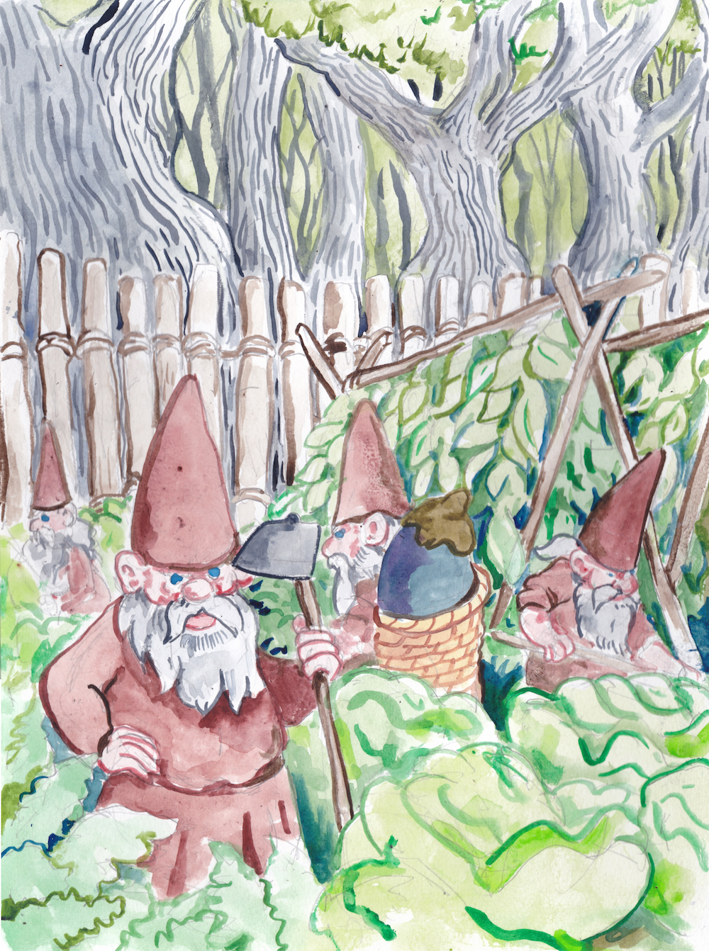 everwood halloween forest garden gnomes gardening vegetables watercolor illustration