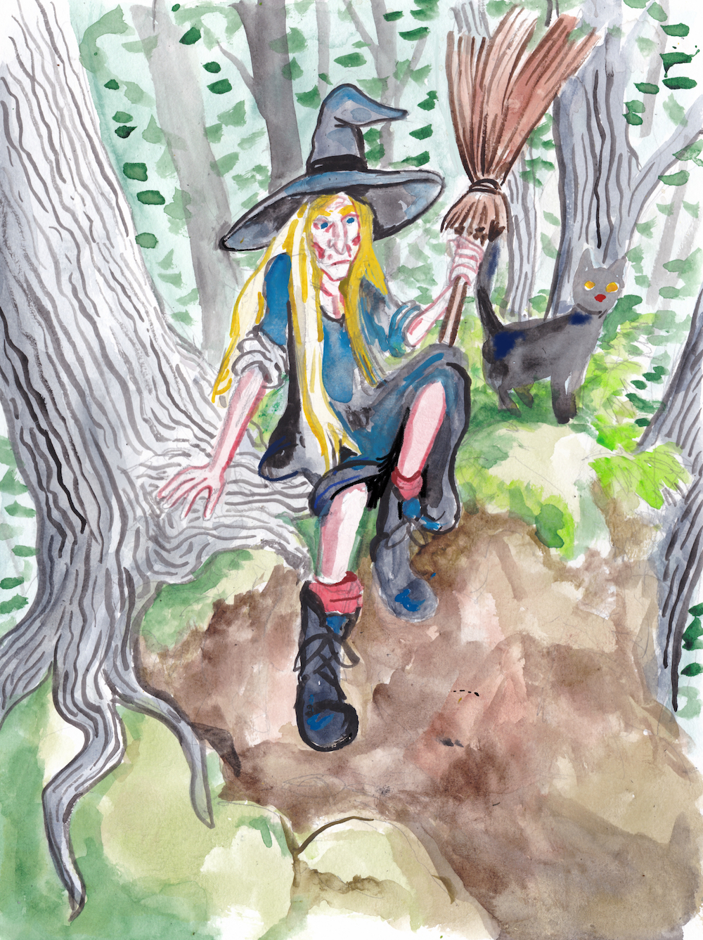 halloween witch everwood sketch challenge watercolor broom hat forest illustration