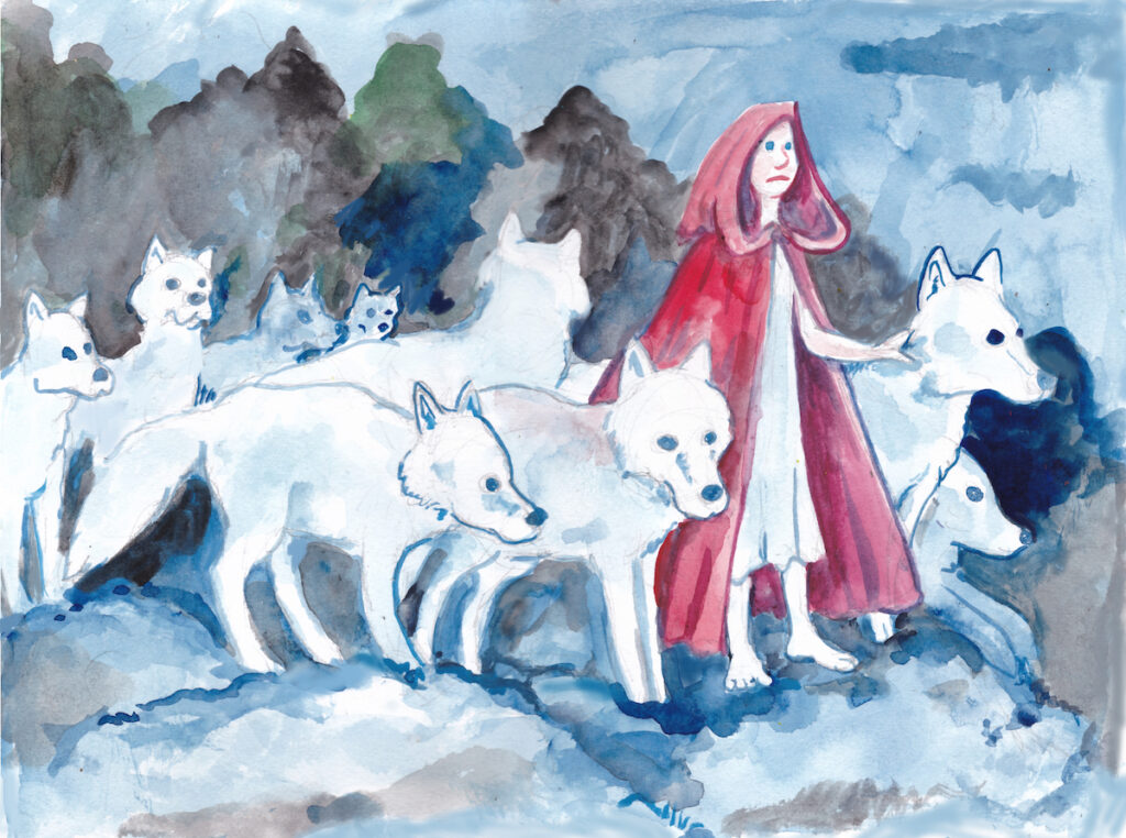 Halloween, Little Red Riding Hood wolves wolf pack watercolor illustration