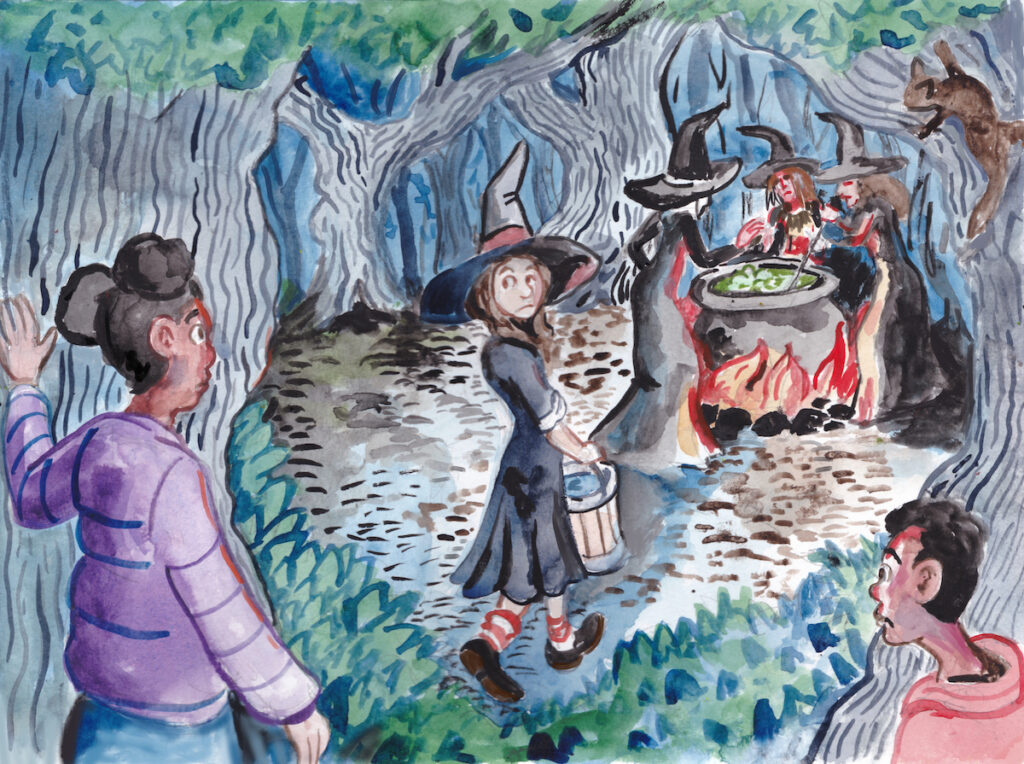 halloween, illustration children witches trees forest cauldron watercolor night apprentice fire