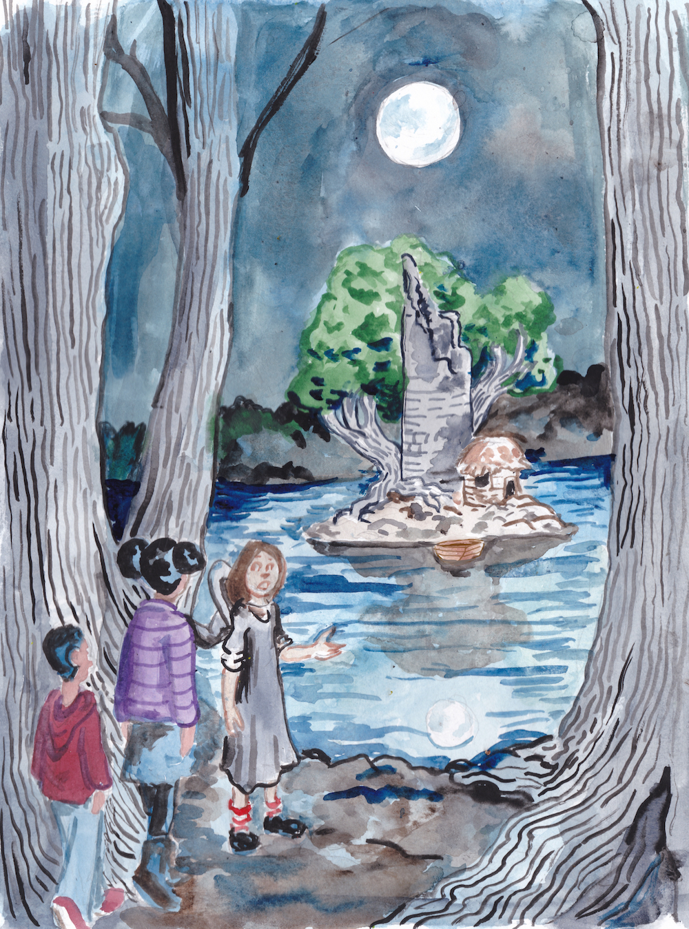 halloween illustration watercolor tower moon forest everwood forest children witch