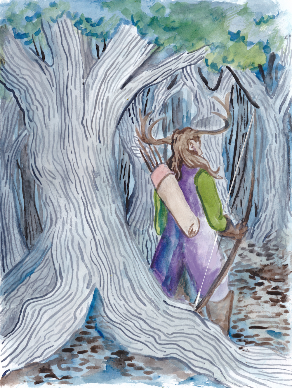 halloween herne the hunter horned god grove oak tree forest illustration watercolor