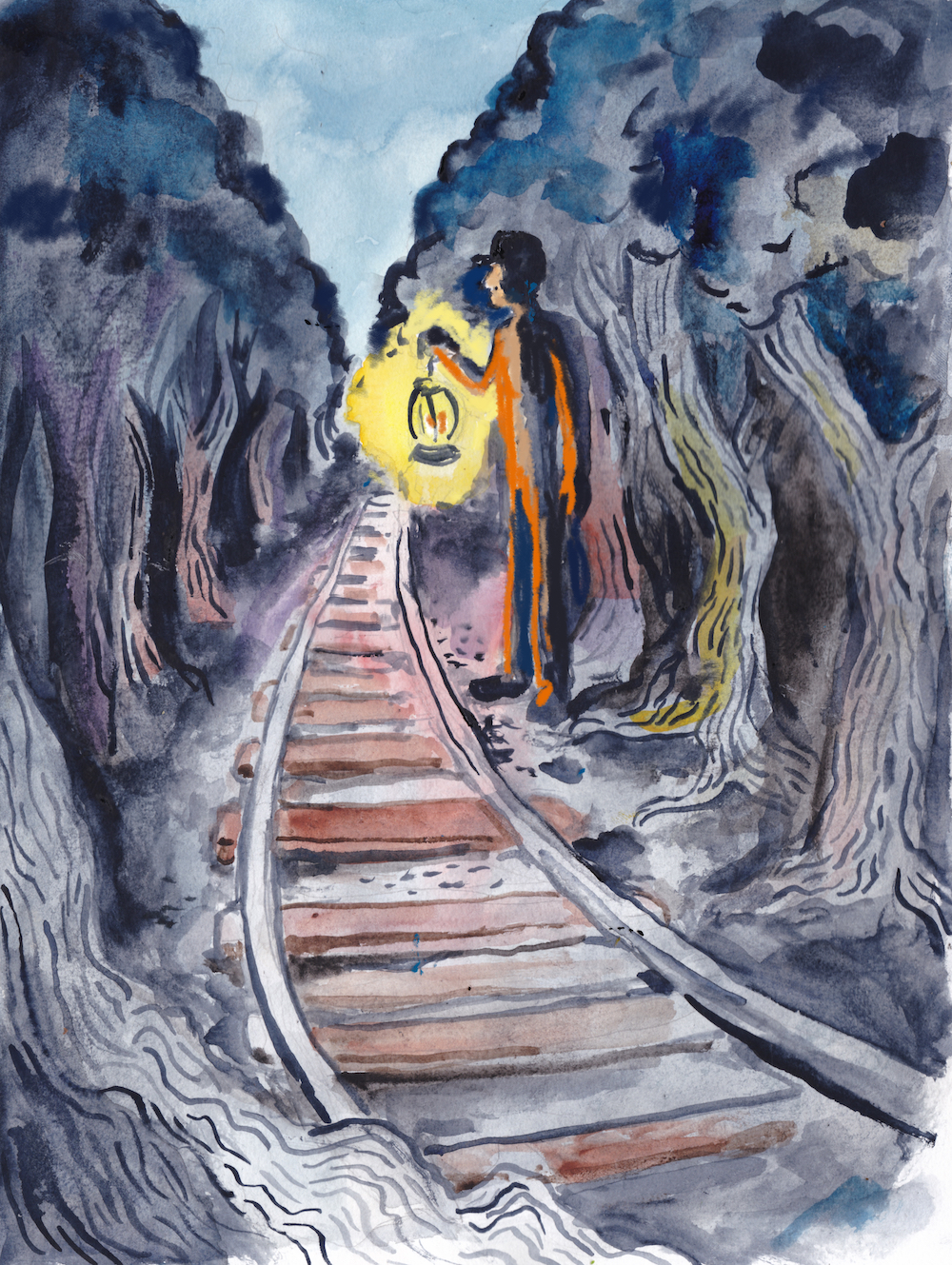 everwood, illustration, watercolor, train tracks, forest, night, lantern, halloween